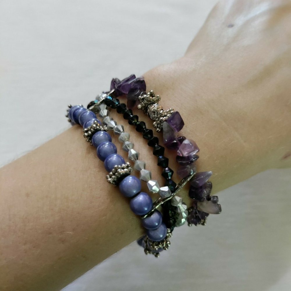 Multi Strand Amethyst Chip Bead Bicone Bracelet